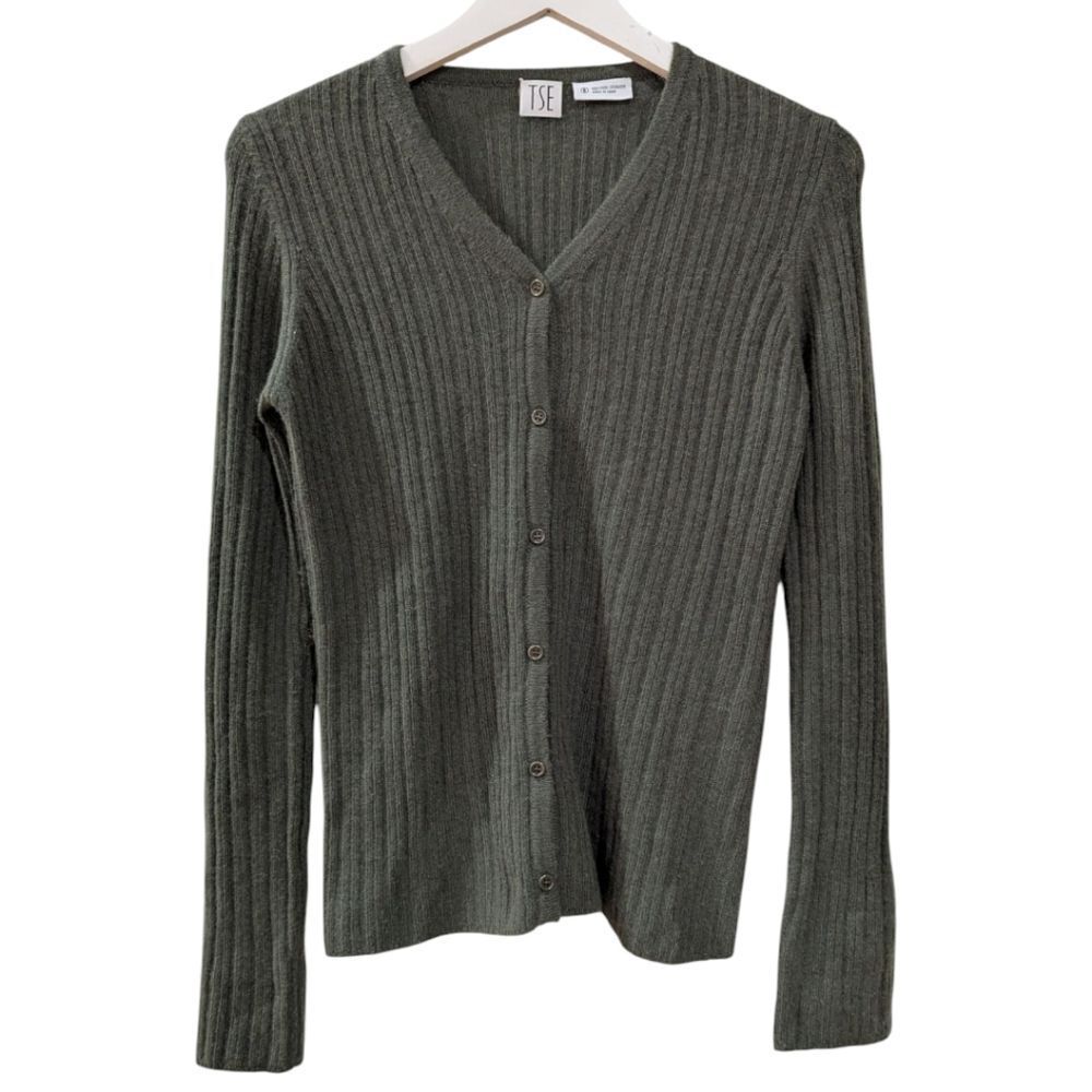 Tse Women's Small Green 100% Cashmere Ribbed Knit Button Sweater Lightweight